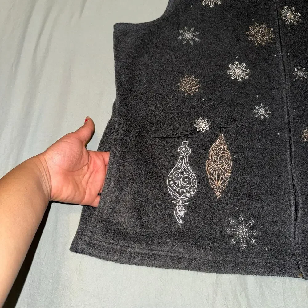 Croft & Borrow Snowflake Ornament Sleeveless Fleece Vest Zip Up‎ Dark Gray Sz XL